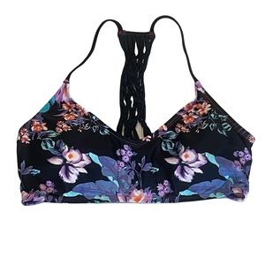 Seeded & Sewn Black Floral T-Back Bikini Swim Top Size Large